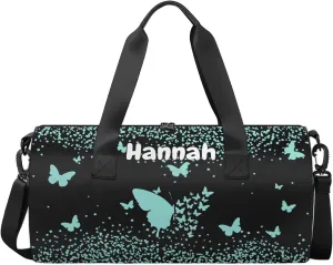 Personalized Duffel Bag with Name Butterfly Custom Travel Sports Bag for Women Men Round Waterproof Dance Ballet Bag Lightweight 17.6in, Mint Blue