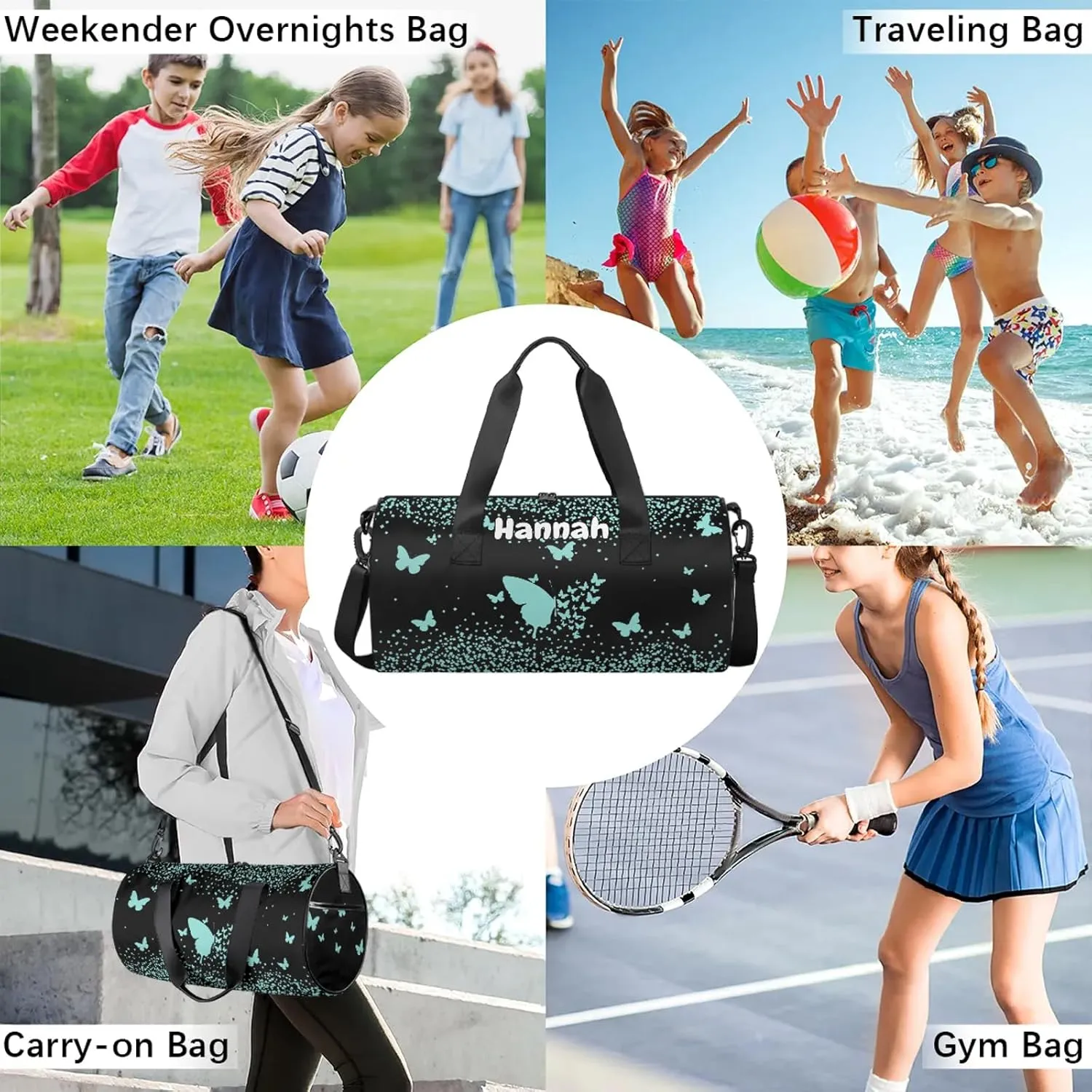 Personalized Duffel Bag with Name Butterfly Custom Travel Sports Bag for Women Men Round Waterproof Dance Ballet Bag Lightweight 17.6in, Mint Blue