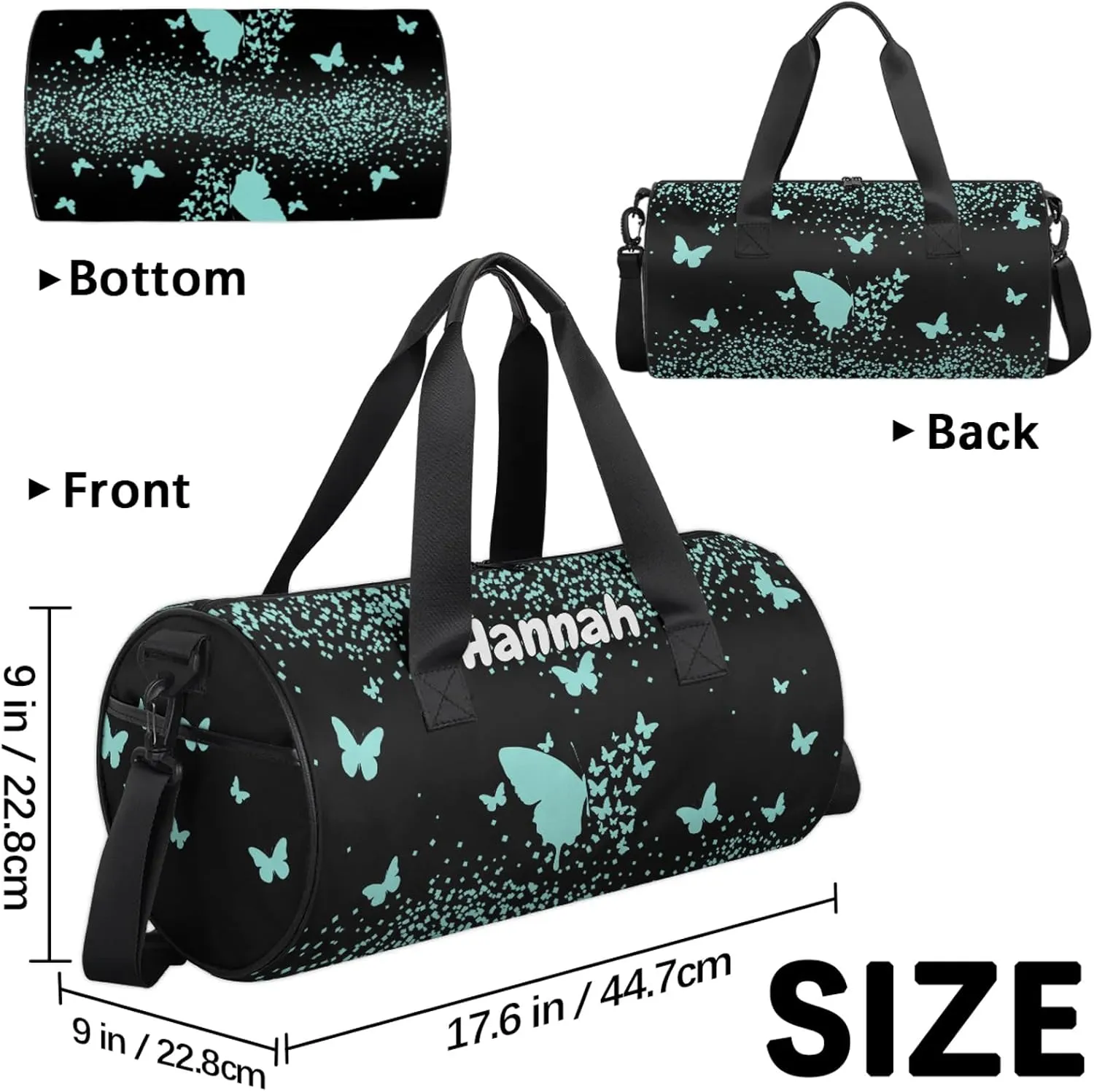 Personalized Duffel Bag with Name Butterfly Custom Travel Sports Bag for Women Men Round Waterproof Dance Ballet Bag Lightweight 17.6in, Mint Blue