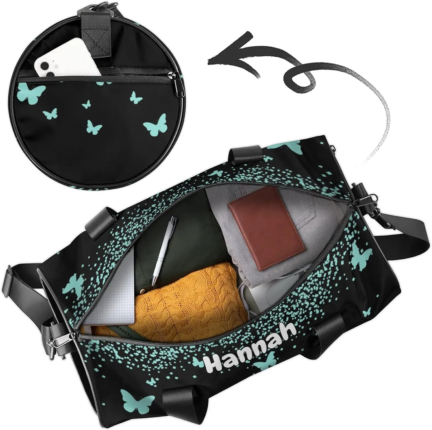 Personalized Duffel Bag with Name Butterfly Custom Travel Sports Bag for Women Men Round Waterproof Dance Ballet Bag Lightweight 17.6in, Mint Blue