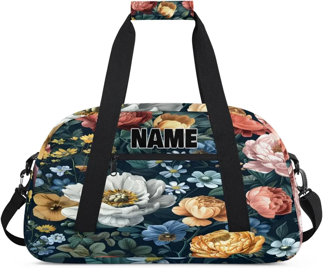Personalized Gym Dance Bag with Name, Garden Peony Floral Colorful Custom Cheerleading Duffel Bag Travel Weekender Overnight Carry On Sleepover Bag