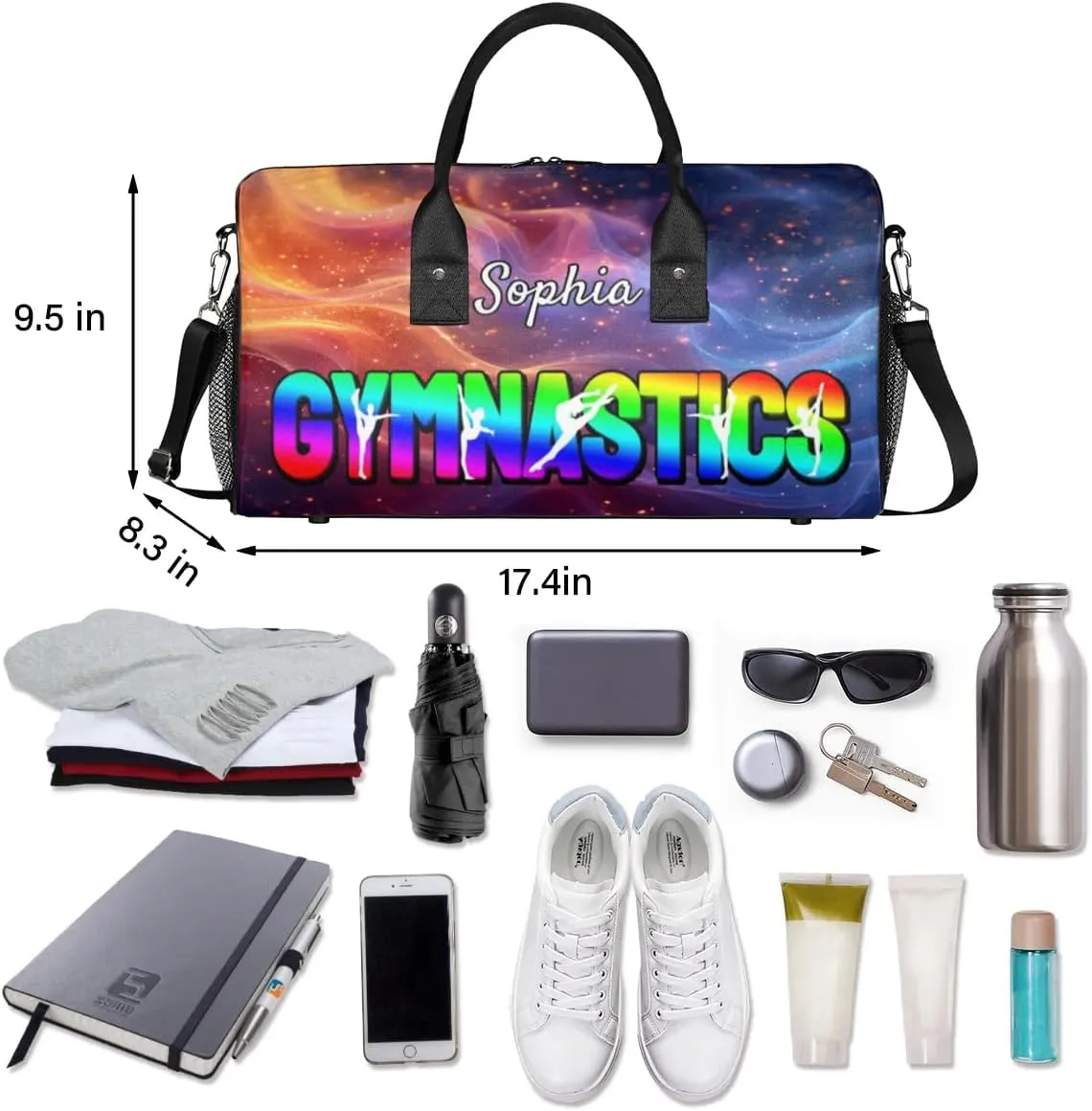 Personalized Gymnastic Bag for Women, Custom Name Sport Duffel Bag Gym Bag Travel Duffle Bag Overnight Weekender Bag, Glitter Multi-colored