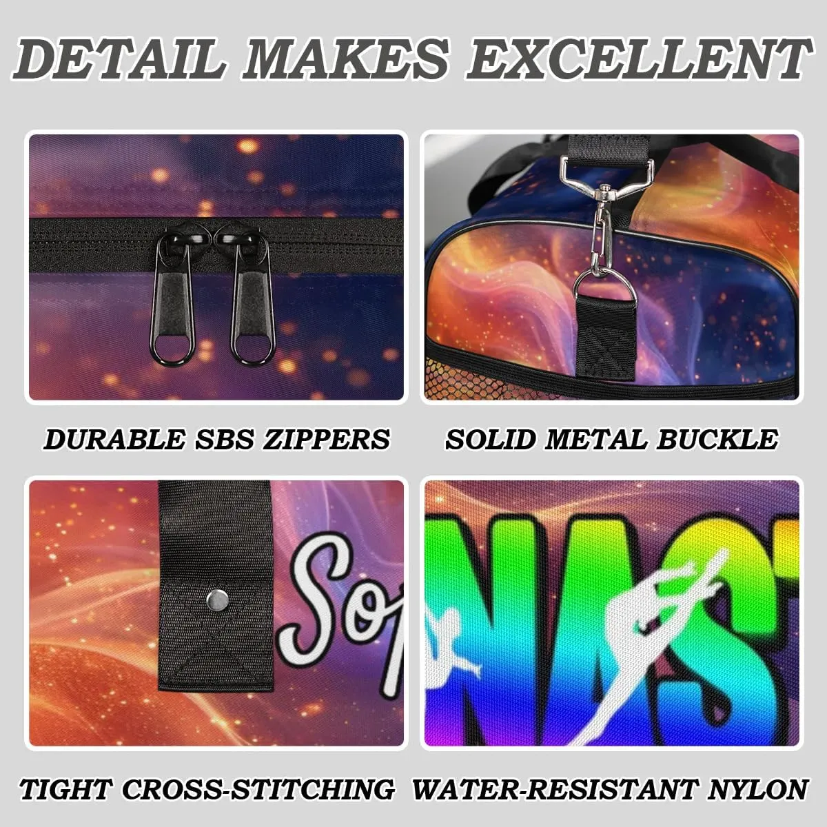 Personalized Gymnastic Bag for Women, Custom Name Sport Duffel Bag Gym Bag Travel Duffle Bag Overnight Weekender Bag, Glitter Multi-colored