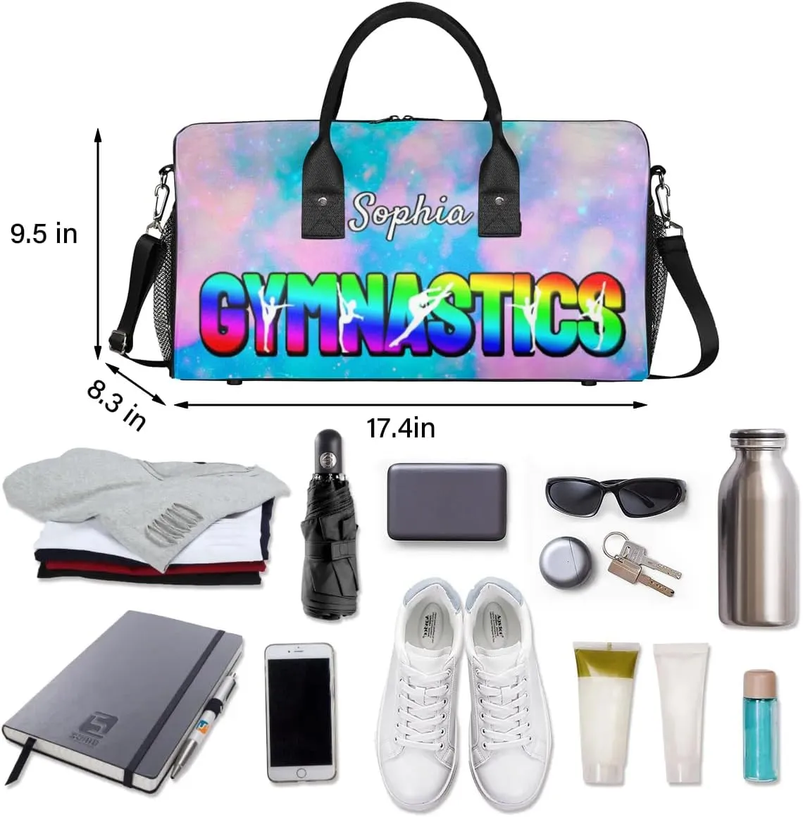 Personalized Gymnastic Bag for Women, Custom Name Sport Duffel Bag Gym Bag Travel Duffle Bag Overnight Weekender Bag, Silver Glitter