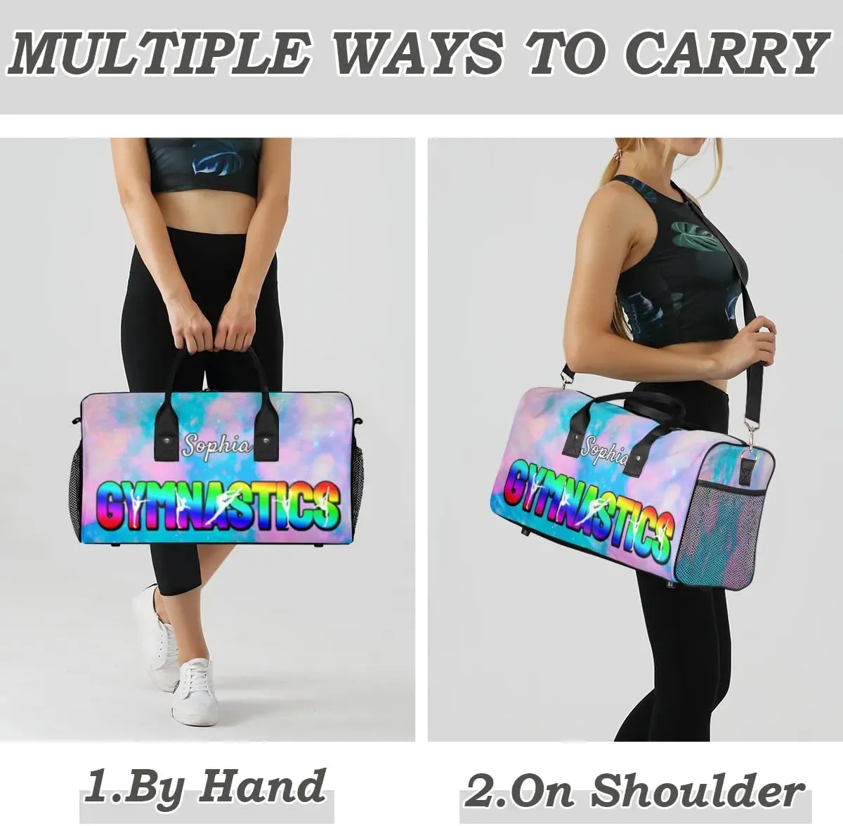 Personalized Gymnastic Bag for Women, Custom Name Sport Duffel Bag Gym Bag Travel Duffle Bag Overnight Weekender Bag, Silver Glitter
