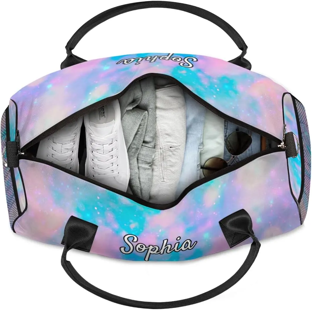 Personalized Gymnastic Bag for Women, Custom Name Sport Duffel Bag Gym Bag Travel Duffle Bag Overnight Weekender Bag, Silver Glitter