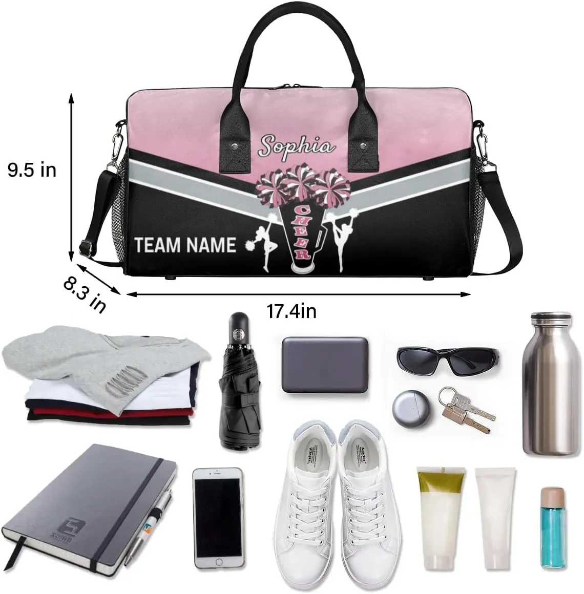 Personalized Name Cheer Bags for Cheerleaders, Custom Travel Duffle Bag, Custom Sports Bag for Women, Cheerleading Overnight Weekender Bag, Dark Pink Gradient