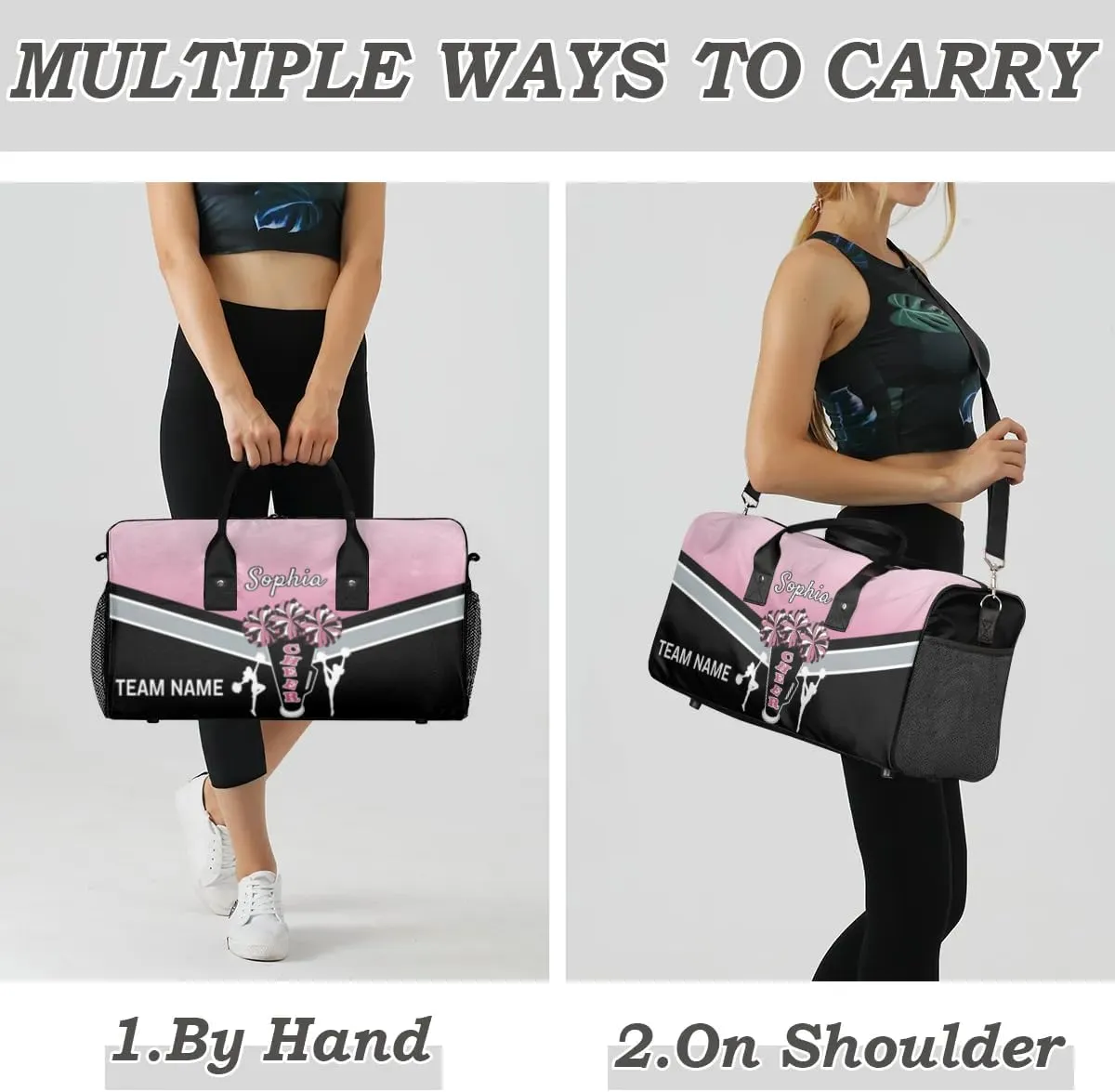 Personalized Name Cheer Bags for Cheerleaders, Custom Travel Duffle Bag, Custom Sports Bag for Women, Cheerleading Overnight Weekender Bag, Dark Pink Gradient