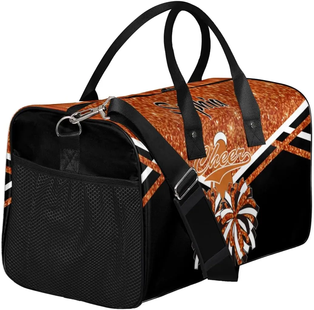 Personalized Name Cheer Duffel Bag for Cheerleaders, Custom Travel Duffle Bag, Custom Sports Bag for Women, Cheerleading Overnight Weekender Bag, Dark Orange Glitter