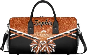 Personalized Name Cheer Duffel Bag for Cheerleaders, Custom Travel Duffle Bag, Custom Sports Bag for Women, Cheerleading Overnight Weekender Bag, Dark Orange Glitter