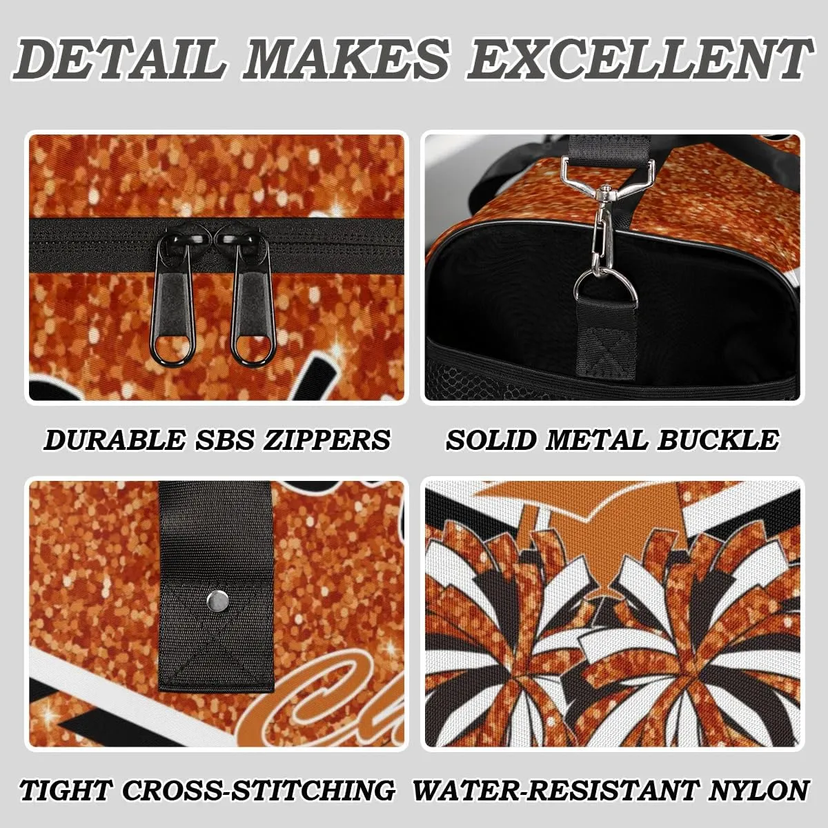 Personalized Name Cheer Duffel Bag for Cheerleaders, Custom Travel Duffle Bag, Custom Sports Bag for Women, Cheerleading Overnight Weekender Bag, Dark Orange Glitter