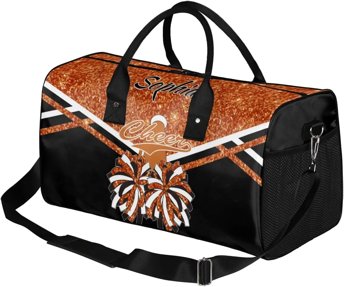 Personalized Name Cheer Duffel Bag for Cheerleaders, Custom Travel Duffle Bag, Custom Sports Bag for Women, Cheerleading Overnight Weekender Bag, Dark Orange Glitter