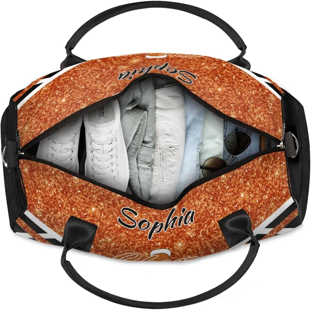 Personalized Name Cheer Duffel Bag for Cheerleaders, Custom Travel Duffle Bag, Custom Sports Bag for Women, Cheerleading Overnight Weekender Bag, Dark Orange Glitter