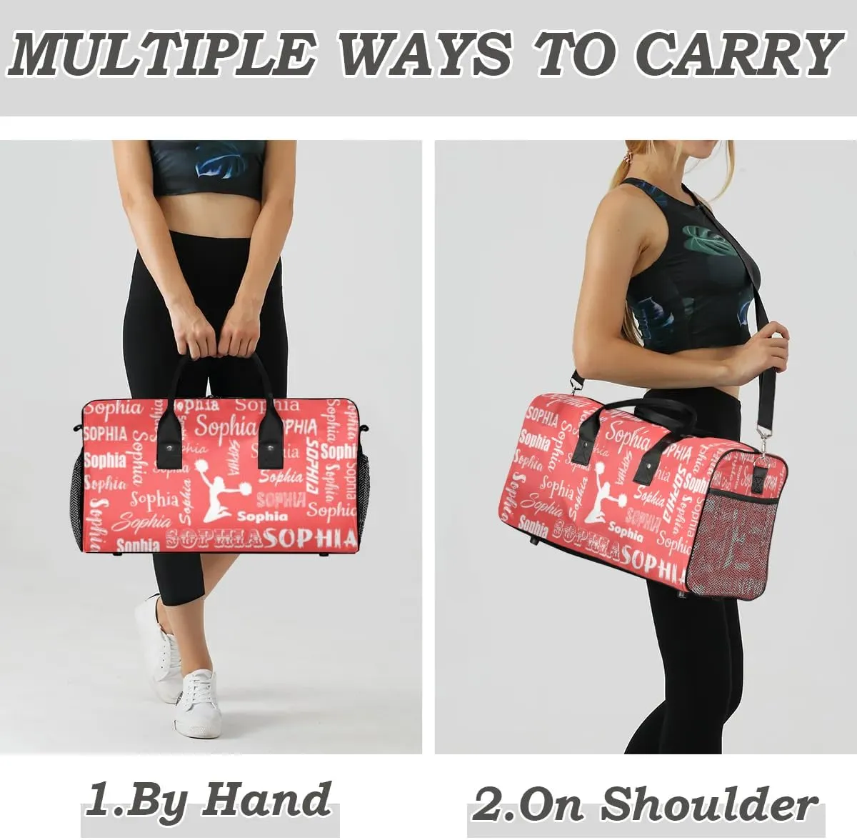 Personalized Travel Duffel Bag for Cheerleader, Custom Cheer Gym Bag Sport Bag, Cheerleading Weekender Overnight Bag for Women Gifts for Birthday Brides, Coral Red