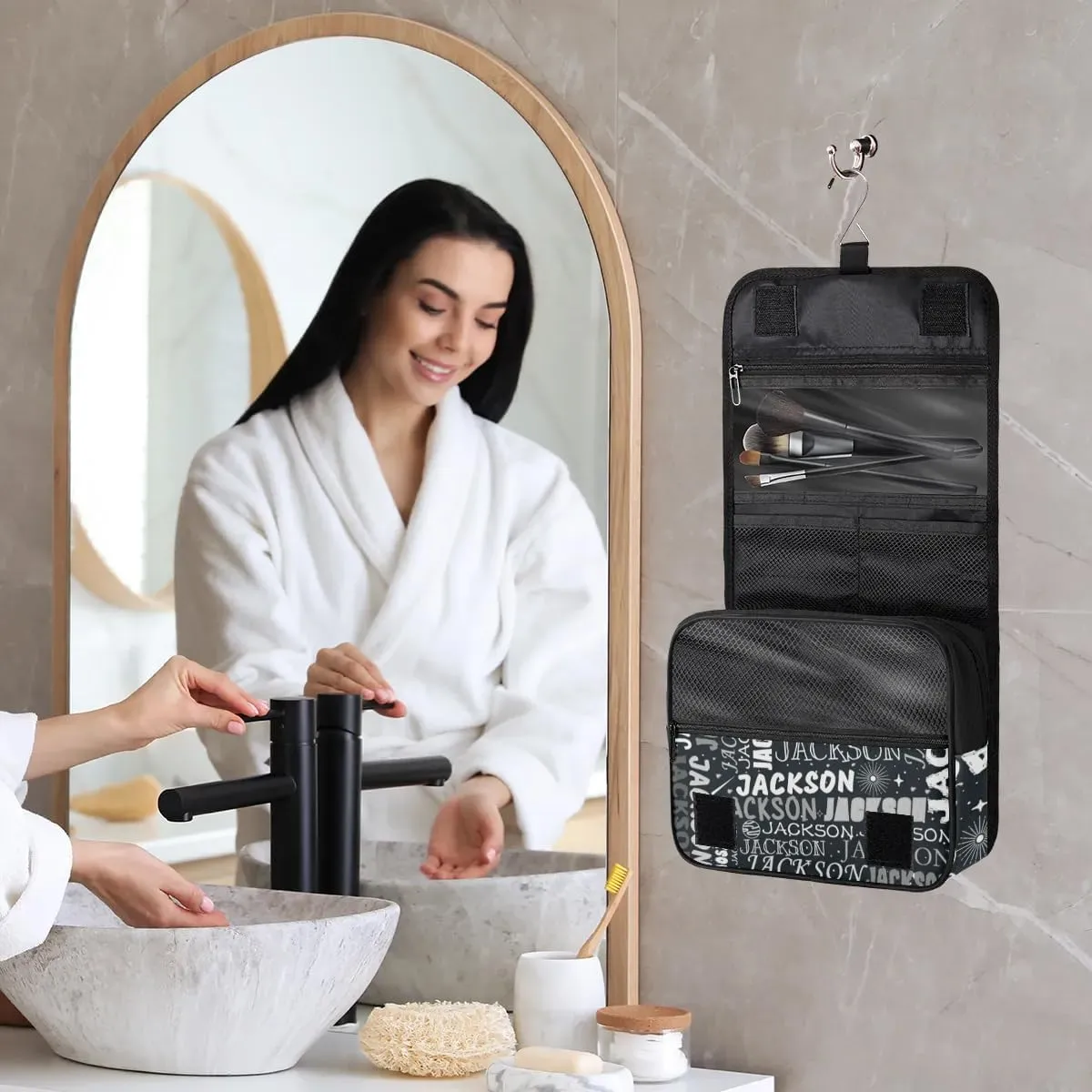 Personalized Travel Makeup Bag Cosmetic Bag for Woman Men,Custom Hanging Toiletry Makeup Bag with Handle Great DIY Gift for Boys and Girls Black Grey