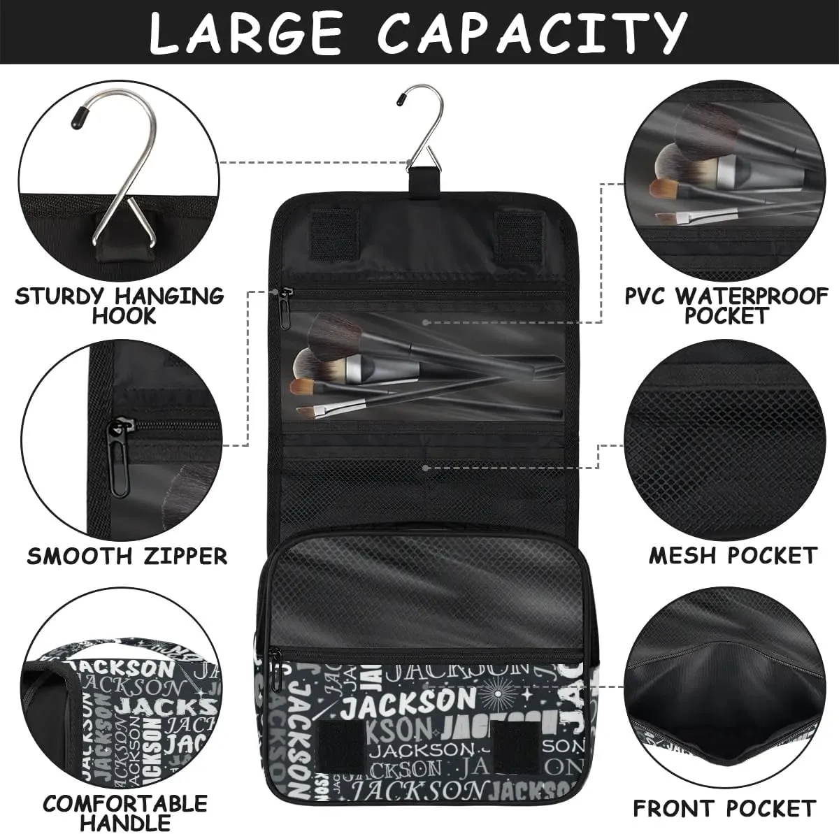 Personalized Travel Makeup Bag Cosmetic Bag for Woman Men,Custom Hanging Toiletry Makeup Bag with Handle Great DIY Gift for Boys and Girls Black Grey