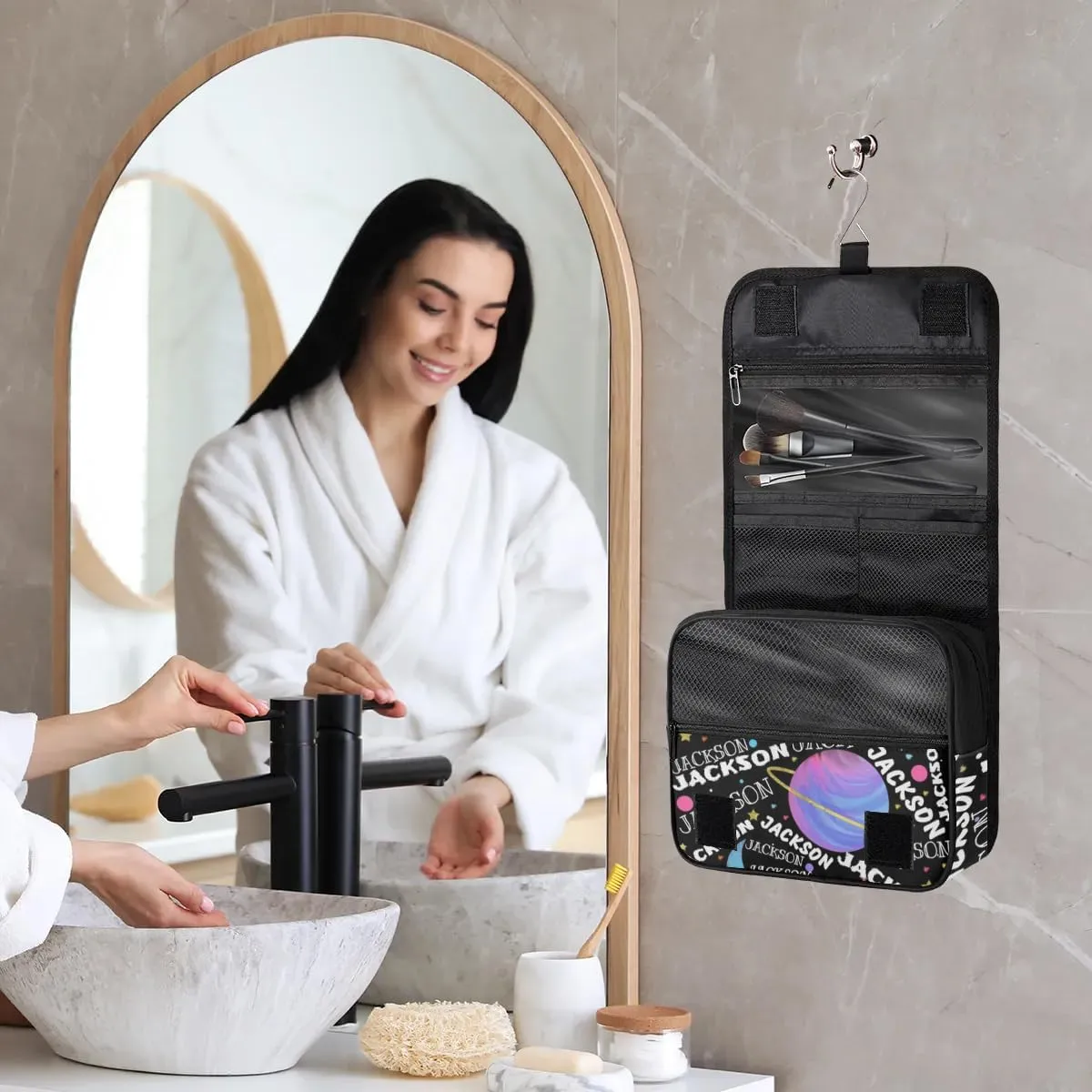 Personalized Travel Makeup Bag Cosmetic Bag for Woman Men,Custom Hanging Toiletry Makeup Bag with Handle Great DIY Gift for Boys and Girls Planet Moon