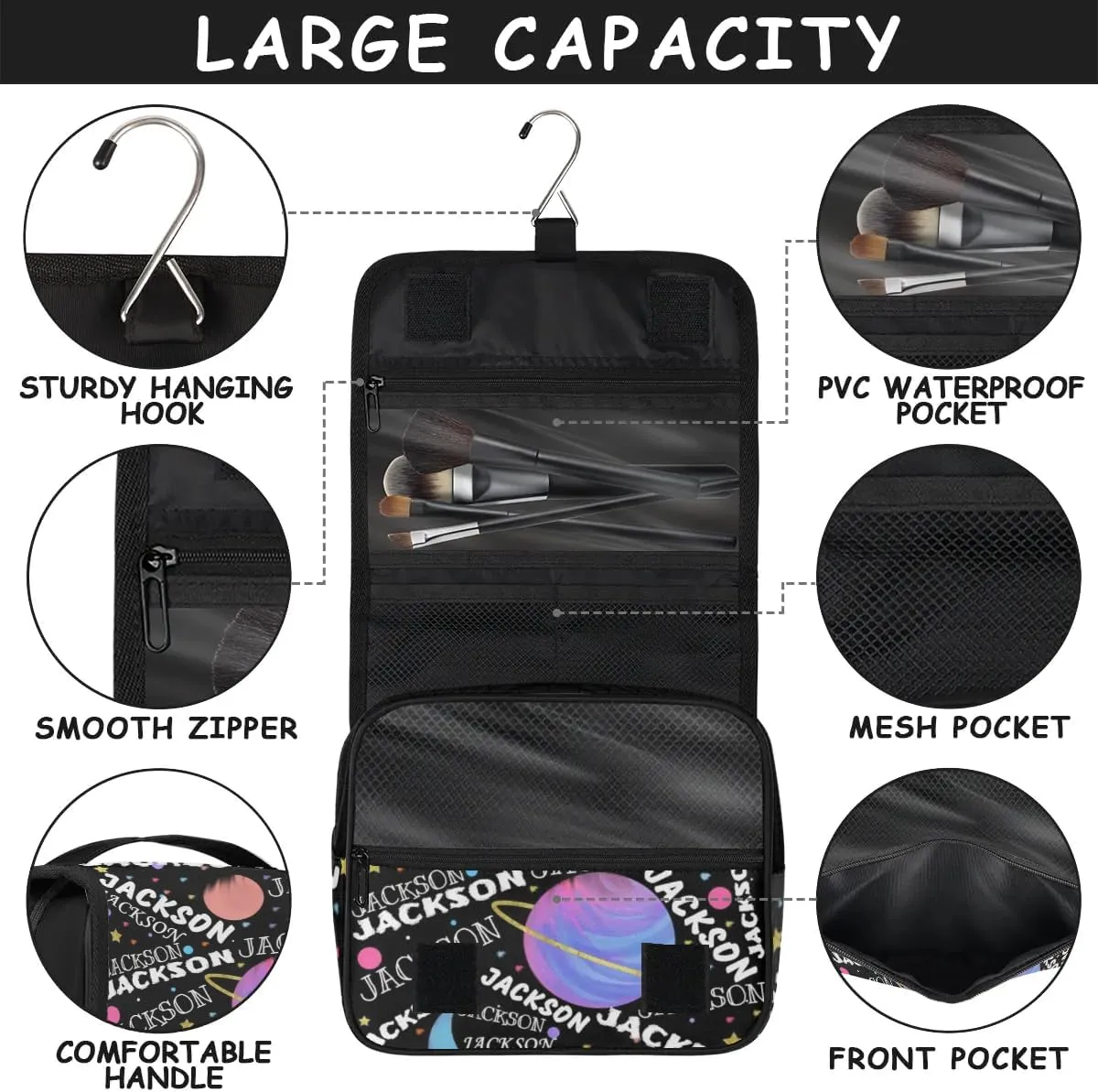 Personalized Travel Makeup Bag Cosmetic Bag for Woman Men,Custom Hanging Toiletry Makeup Bag with Handle Great DIY Gift for Boys and Girls Planet Moon