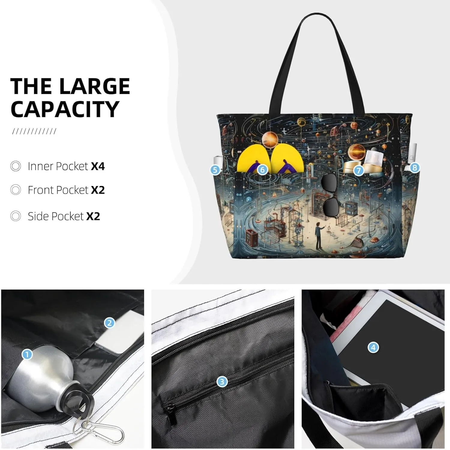 Physics Print Extra Large Tote Bag For Women,Foldable Beach Bag With Pocket Weekender Travel Overnight Bag