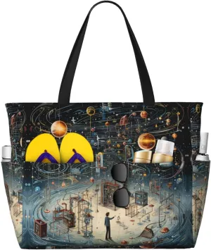 Physics Print Extra Large Tote Bag For Women,Foldable Beach Bag With Pocket Weekender Travel Overnight Bag