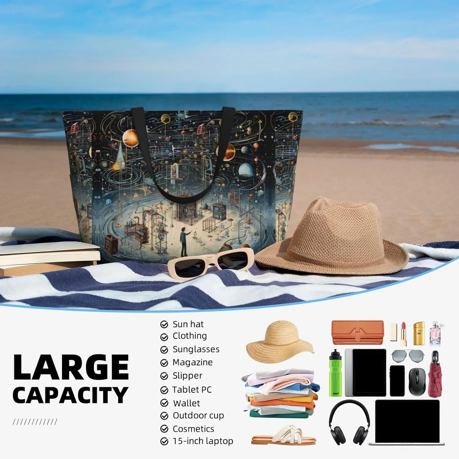 Physics Print Extra Large Tote Bag For Women,Foldable Beach Bag With Pocket Weekender Travel Overnight Bag