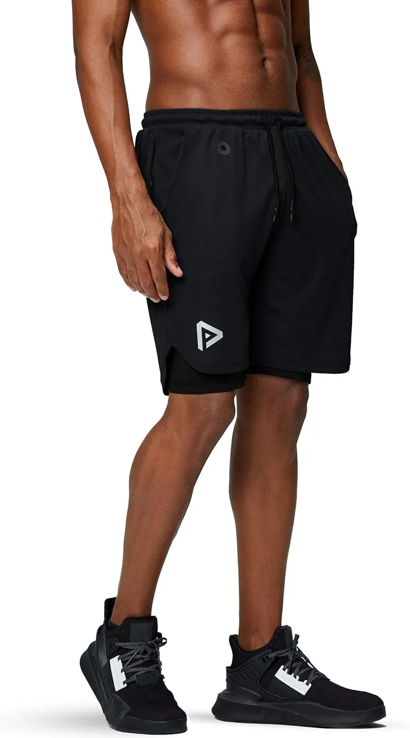 Pinkbomb Men's 2 in 1 Running Shorts Gym Workout Quick Dry Mens Shorts with Phone Pocket