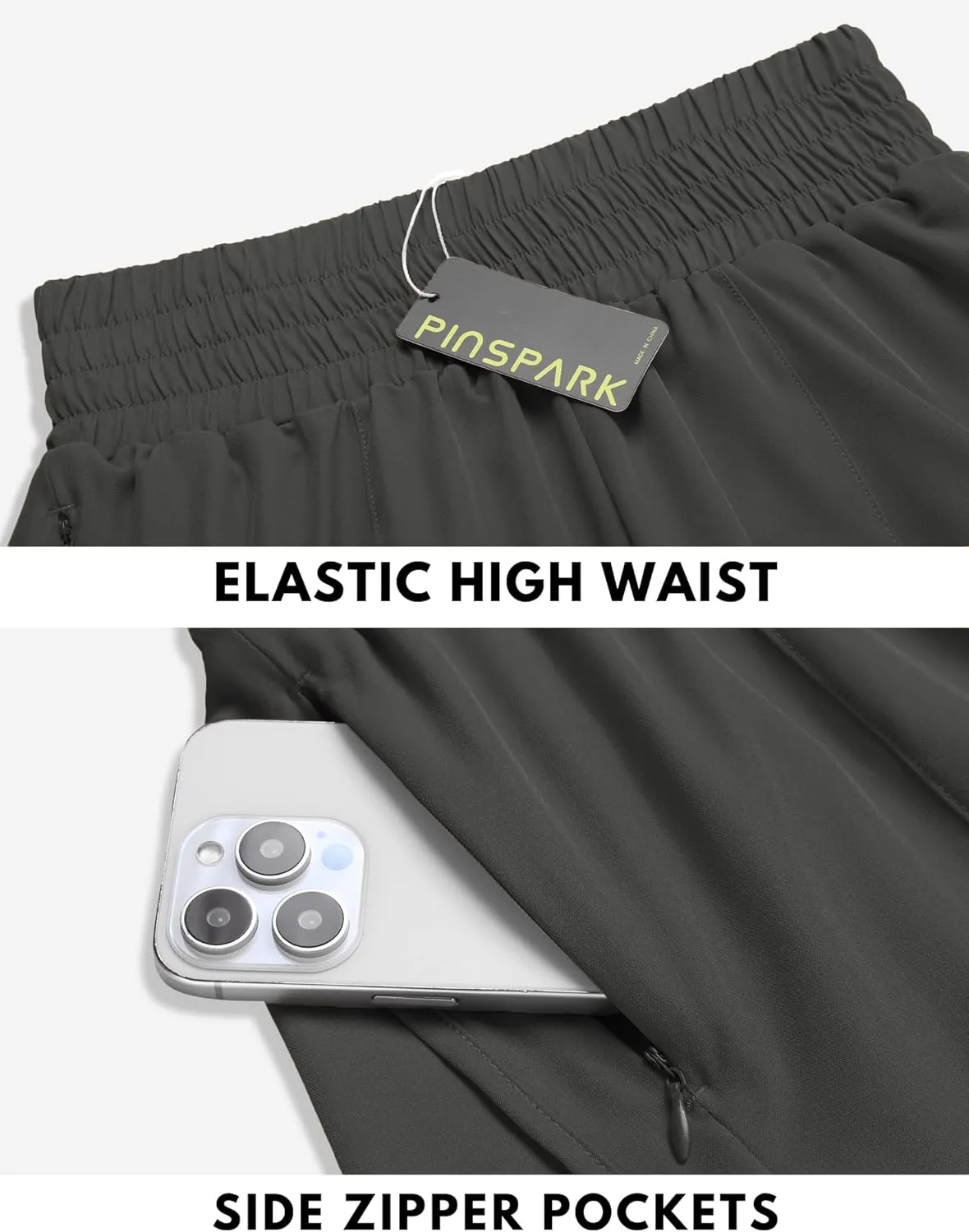 PINSPARK Women's Athletic Shorts for Gym Workout Running Short with High Waisted Zip Pockets
