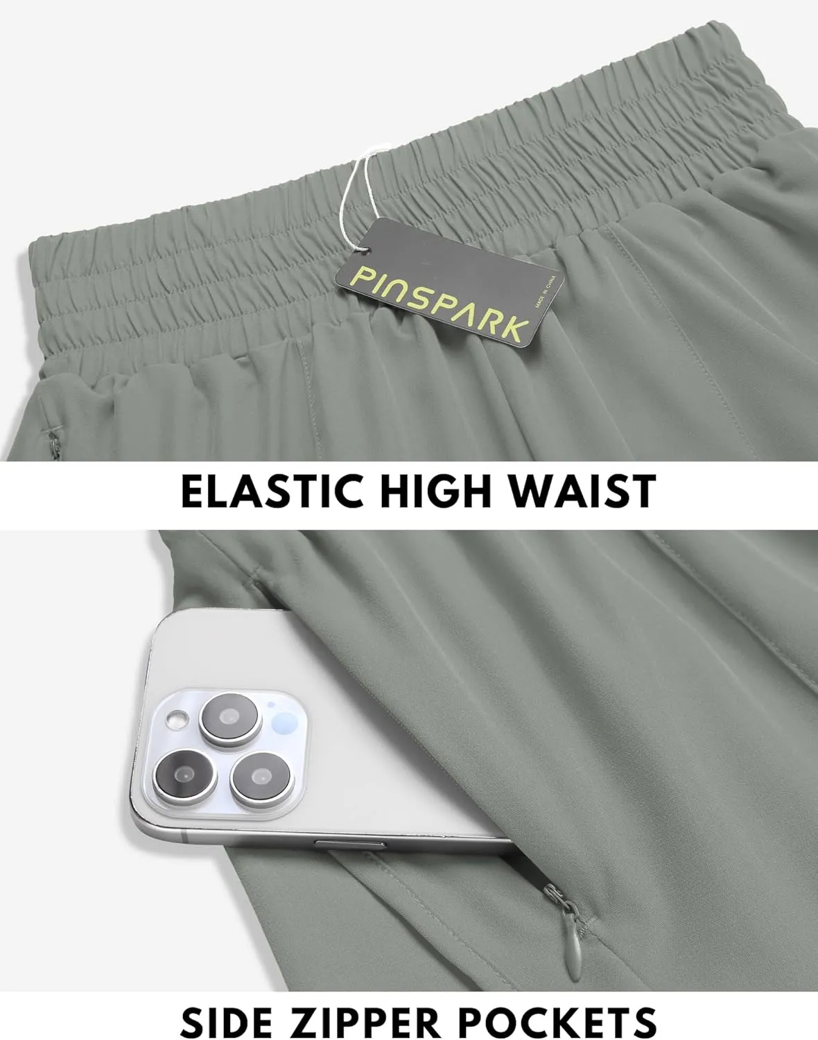 PINSPARK Women's Athletic Shorts for Gym Workout Running Short with High Waisted Zip Pockets