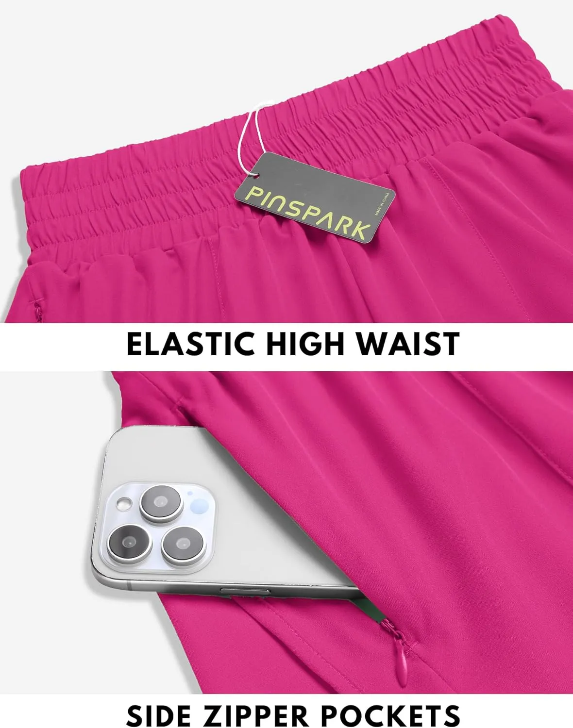 PINSPARK Women's Athletic Shorts for Gym Workout Running Short with High Waisted Zip Pockets