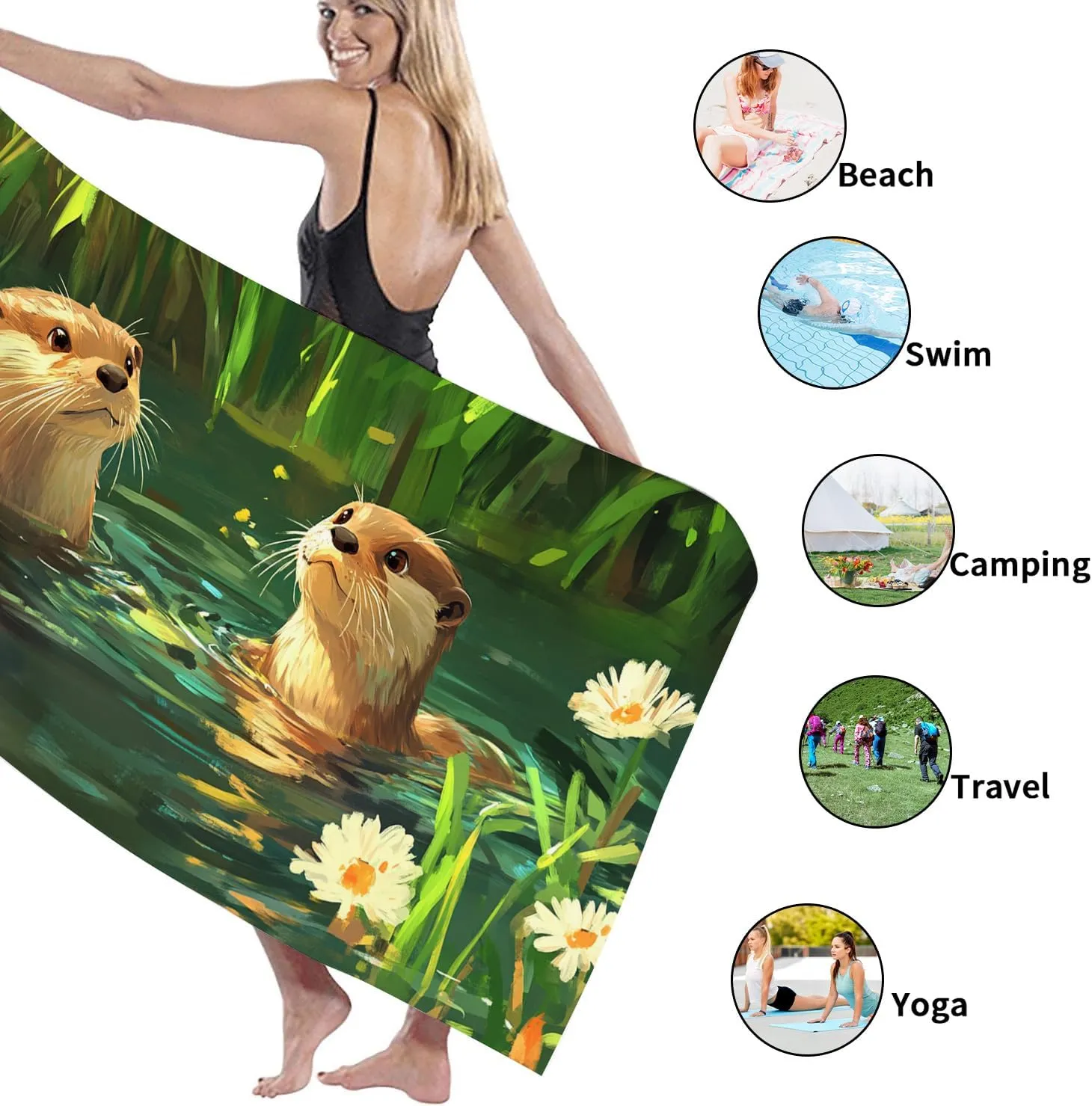 Playful Otter Microfiber Beach Towel Green Wildlife Design Quick Dry Absorbent Soft Lightweight Sand Free Blanket, Summer Pool Picnic Essentials 62x31 Inch