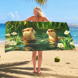Playful Otter Microfiber Beach Towel Green Wildlife Design Quick Dry Absorbent Soft Lightweight Sand Free Blanket, Summer Pool Picnic Essentials 62x31 Inch