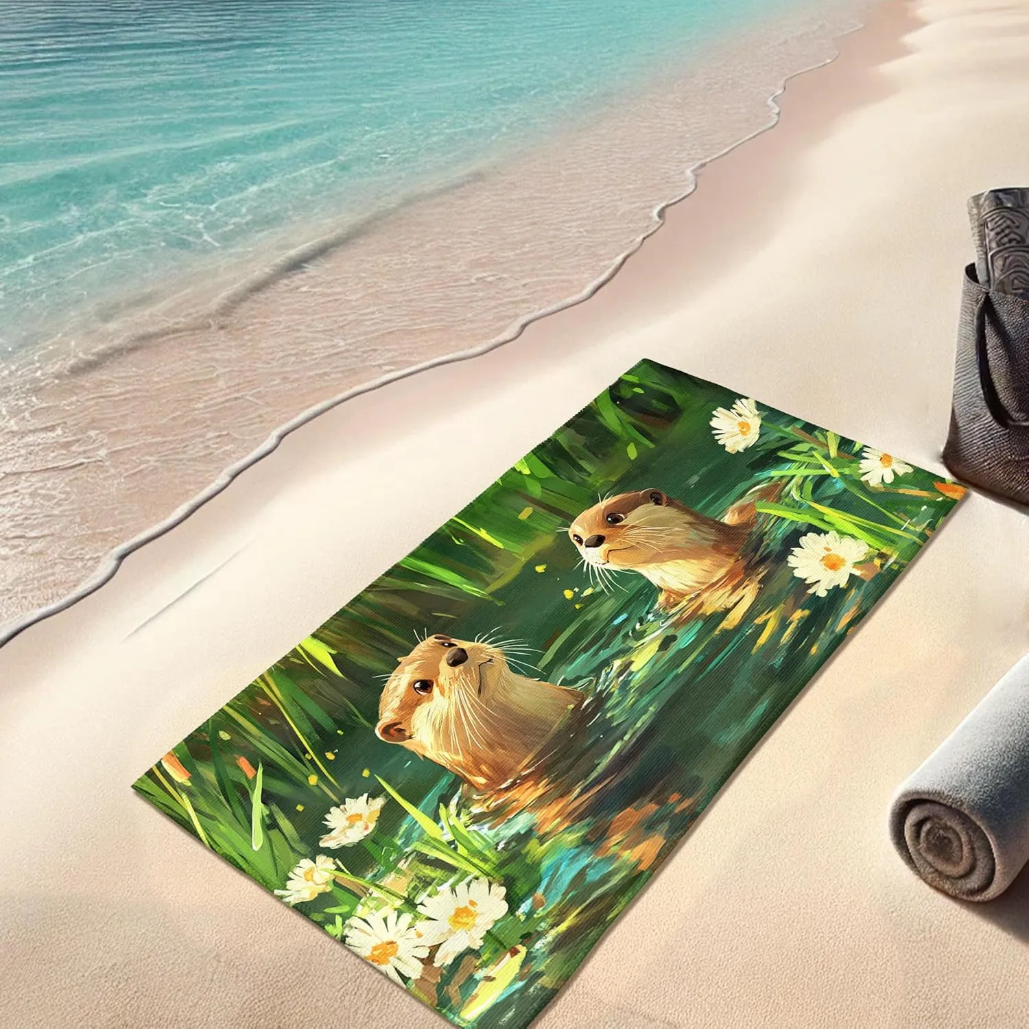 Playful Otter Microfiber Beach Towel Green Wildlife Design Quick Dry Absorbent Soft Lightweight Sand Free Blanket, Summer Pool Picnic Essentials 62x31 Inch