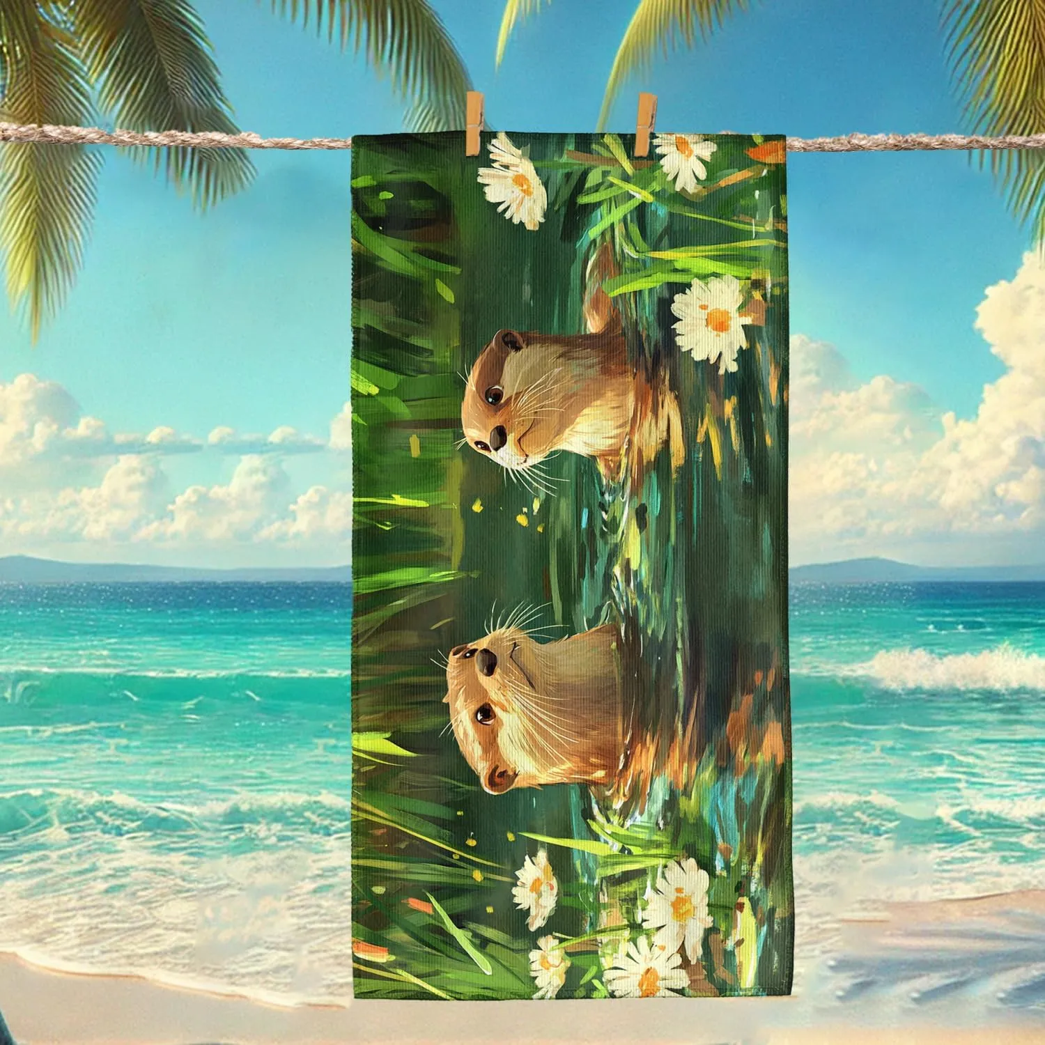 Playful Otter Microfiber Beach Towel Green Wildlife Design Quick Dry Absorbent Soft Lightweight Sand Free Blanket, Summer Pool Picnic Essentials 62x31 Inch