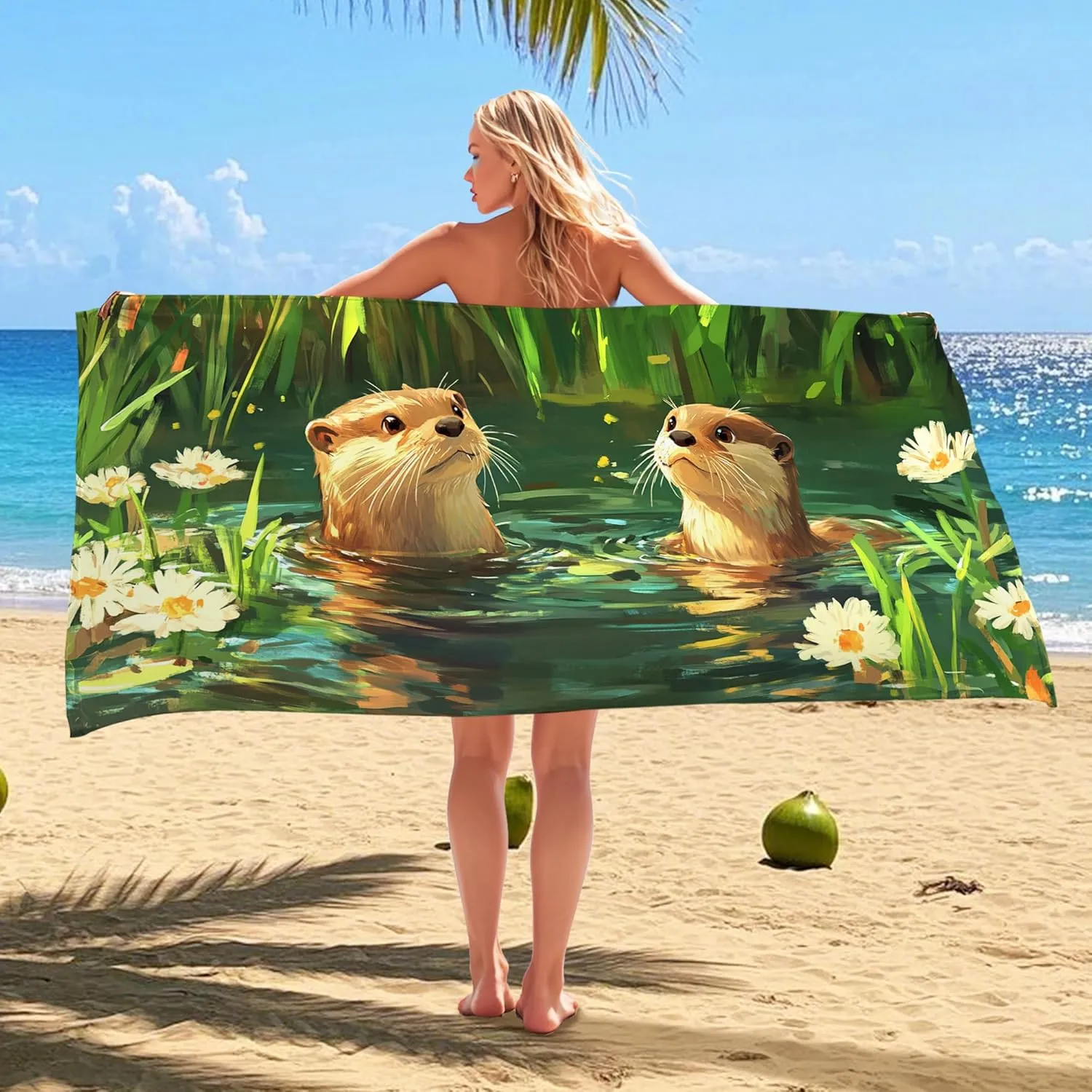 Playful Otter Microfiber Beach Towel Green Wildlife Design Quick Dry Absorbent Soft Lightweight Sand Free Blanket, Summer Pool Picnic Essentials 62x31 Inch