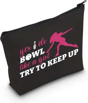 POFULL Bowling Gift Bowling Team Gift Yes I Do Bowl Like a Girl Try to Keep Up Cosmetic Bag Bowling Lover Gifts (Yes I Do Bowl black bag)