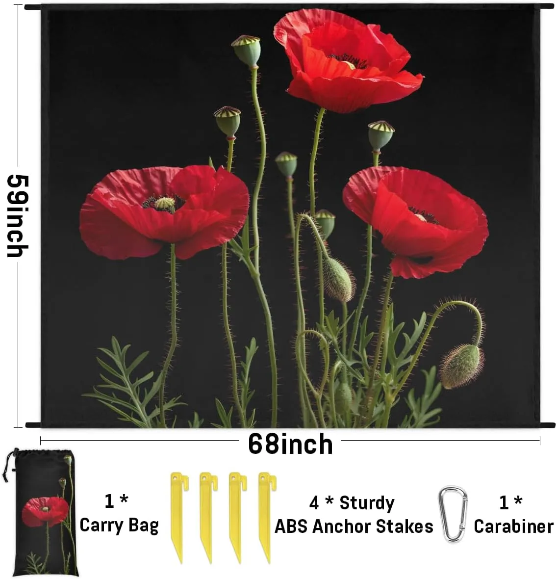 Poppy Beach Blanket for Adults, 59" x 68" Waterproof Outdoor Picnic Blanket Mat Sand Proof Extra Large Red Flower Picnic Mat for Beach Travel Camping