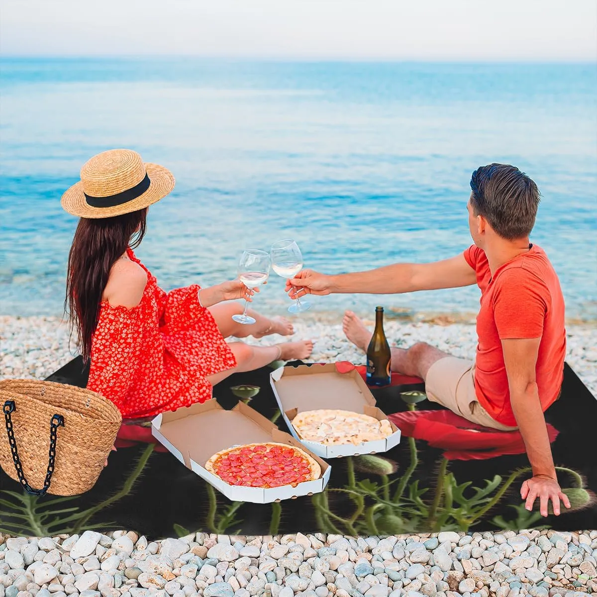 Poppy Beach Blanket for Adults, 59" x 68" Waterproof Outdoor Picnic Blanket Mat Sand Proof Extra Large Red Flower Picnic Mat for Beach Travel Camping