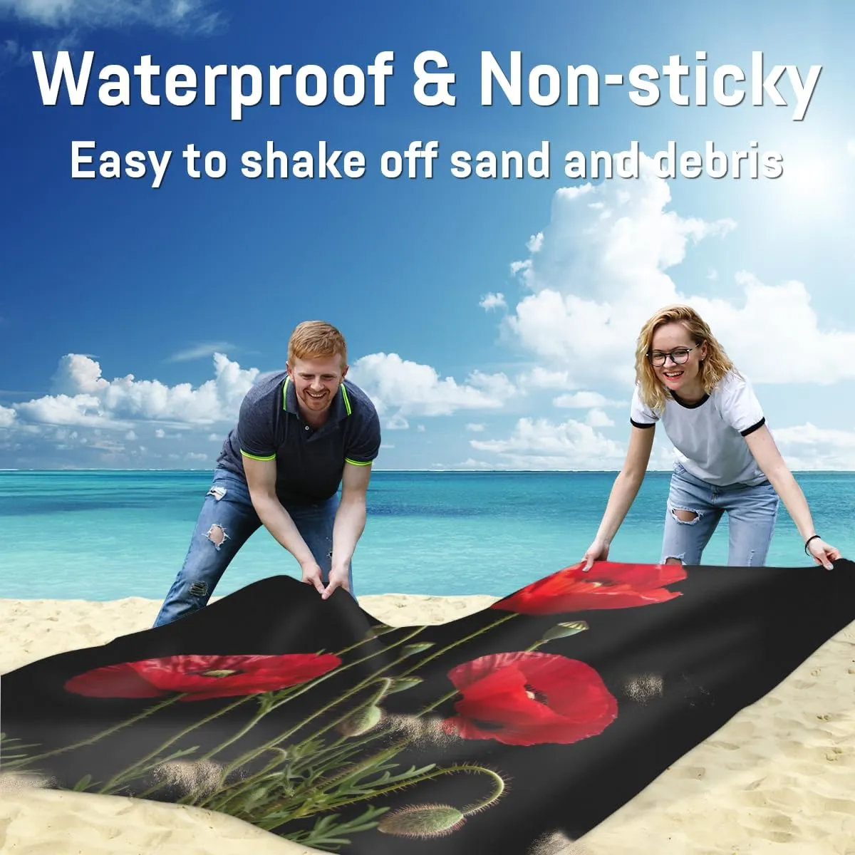 Poppy Beach Blanket for Adults, 59" x 68" Waterproof Outdoor Picnic Blanket Mat Sand Proof Extra Large Red Flower Picnic Mat for Beach Travel Camping