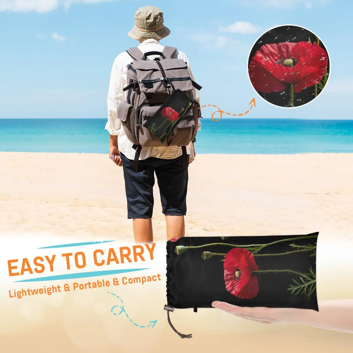 Poppy Beach Blanket for Adults, 59" x 68" Waterproof Outdoor Picnic Blanket Mat Sand Proof Extra Large Red Flower Picnic Mat for Beach Travel Camping
