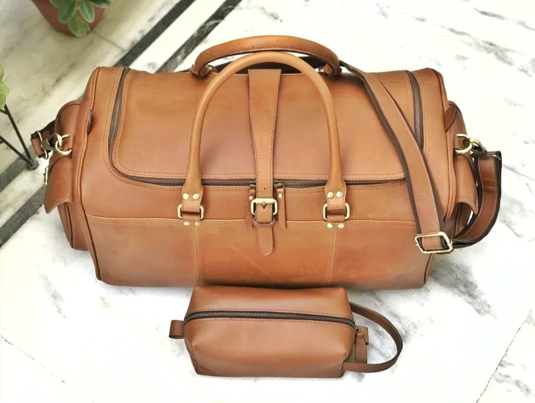 Premium Leather Duffle Bag with Toiletry Kit, Black, Travel Weekender Bag with Brass Hardware (Tan)