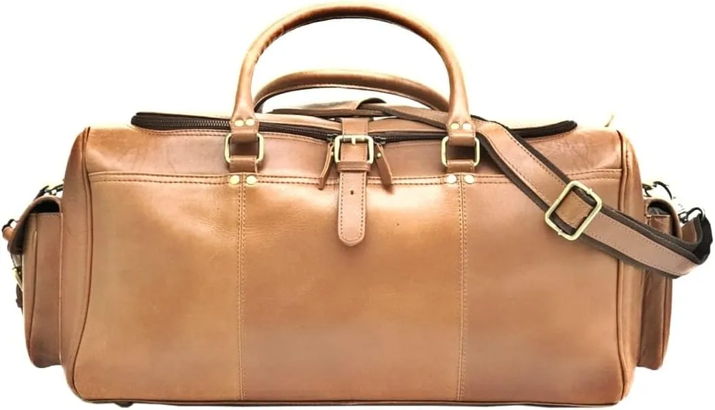 Premium Leather Duffle Bag with Toiletry Kit, Black, Travel Weekender Bag with Brass Hardware (Tan)