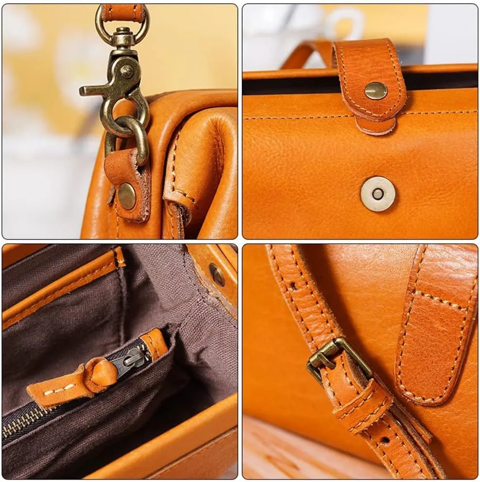Premium Leather Retro Handmade Doctor Bag,Dr bag - retro handmade bag,Crossbody Unique Opening Small Vintage Phone Purse Handbags for Women (Brown)