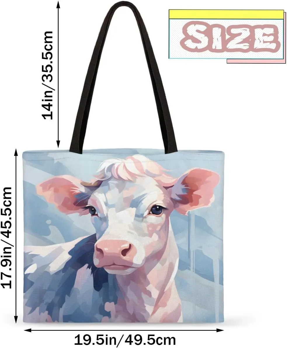Pretty White Cow Canvas Tote Bag for Women Men Stylish Tote Handbag Shoulder Bag Reusable Grocery Bag