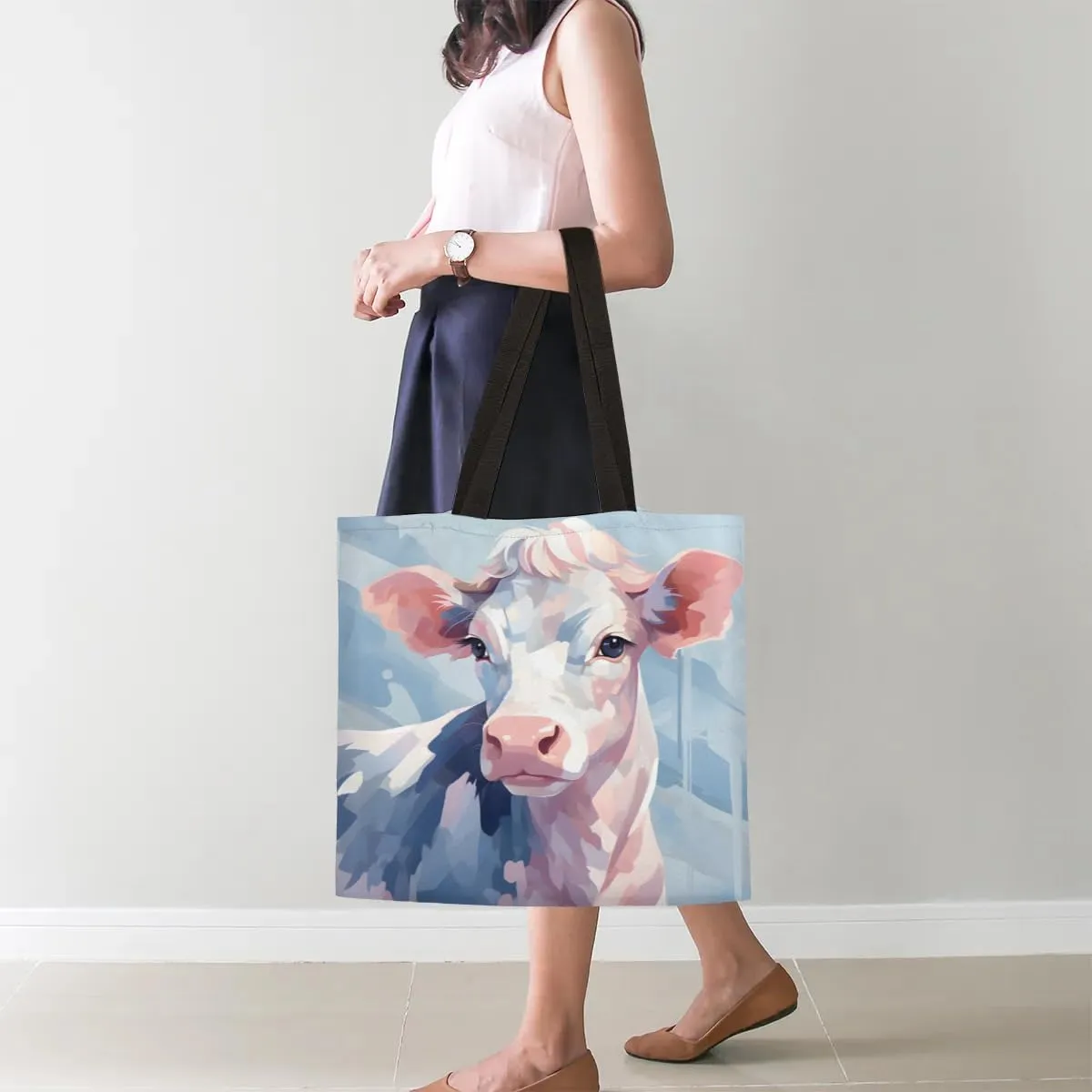Pretty White Cow Canvas Tote Bag for Women Men Stylish Tote Handbag Shoulder Bag Reusable Grocery Bag