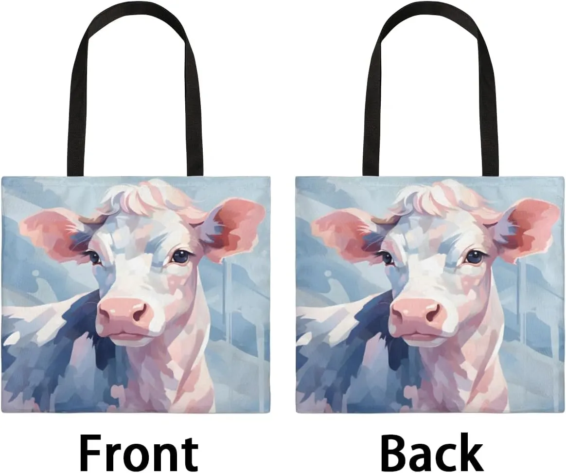 Pretty White Cow Canvas Tote Bag for Women Men Stylish Tote Handbag Shoulder Bag Reusable Grocery Bag