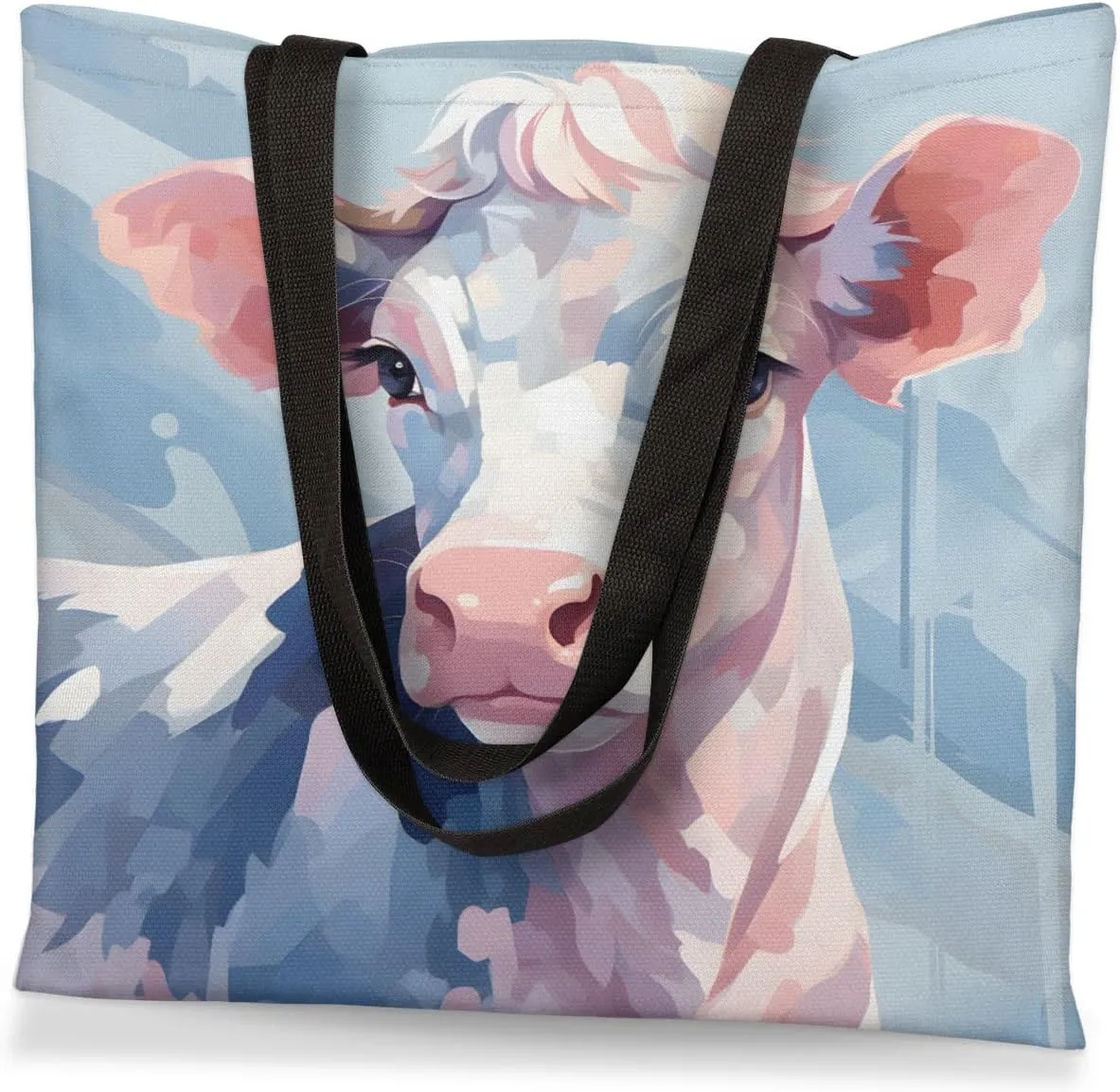 Pretty White Cow Canvas Tote Bag for Women Men Stylish Tote Handbag Shoulder Bag Reusable Grocery Bag