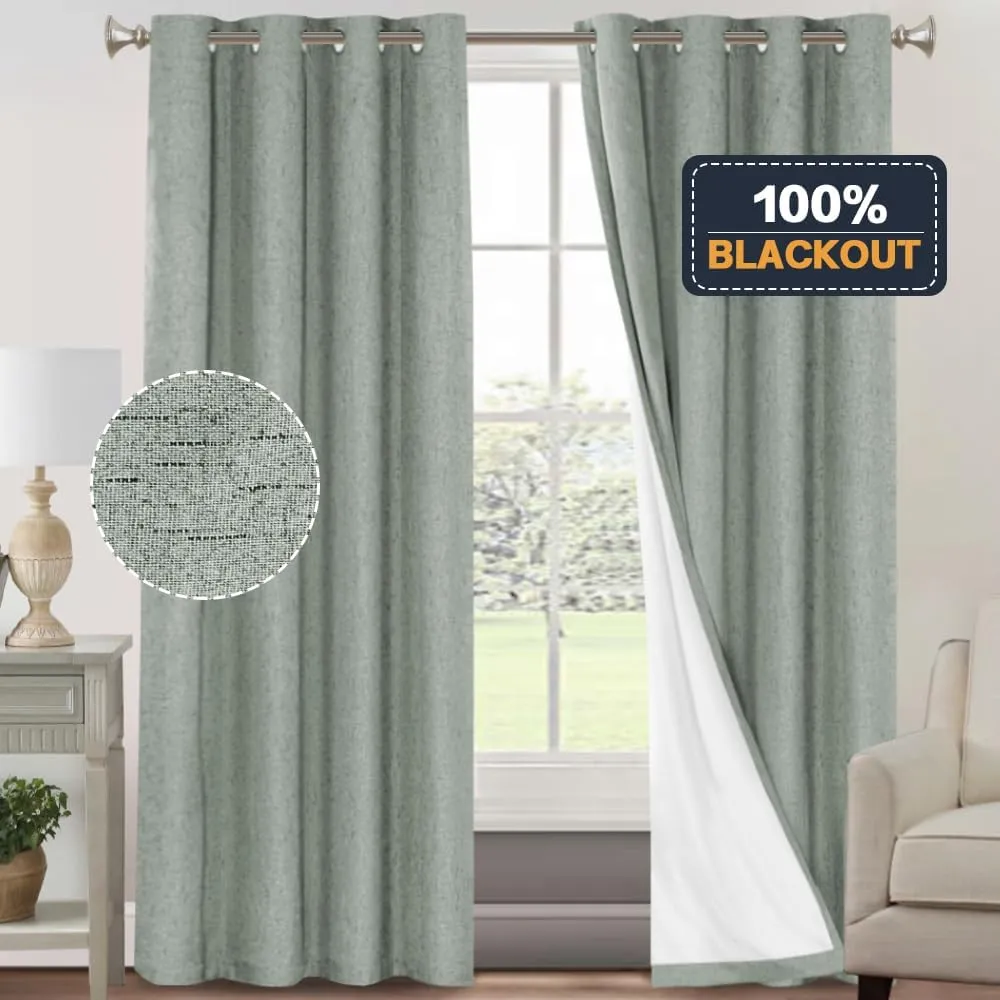 PrinceDeco 100% Blackout Curtains for Bedroom/Living Room Green Blackout Drapes 96 Inches Long 2 Panels Set Energy Saving Thermal Insulated Curtains with White Liner,Green Bay