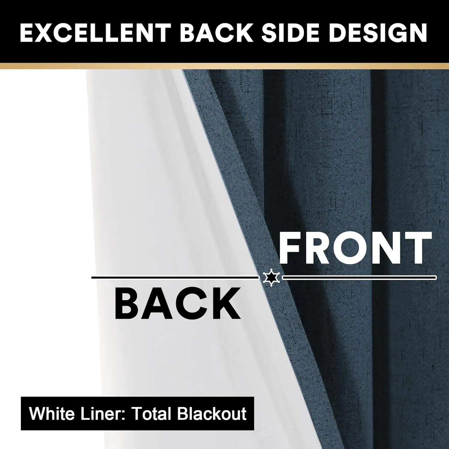 PrinceDeco Primitive Textured Linen 100% Blackout Curtains for Bedroom/Living Room Energy Saving Window Treatment Curtain Drapes, Burlap Fabric with White Thermal Insulated Liner (52 x 96 Inch, Navy)