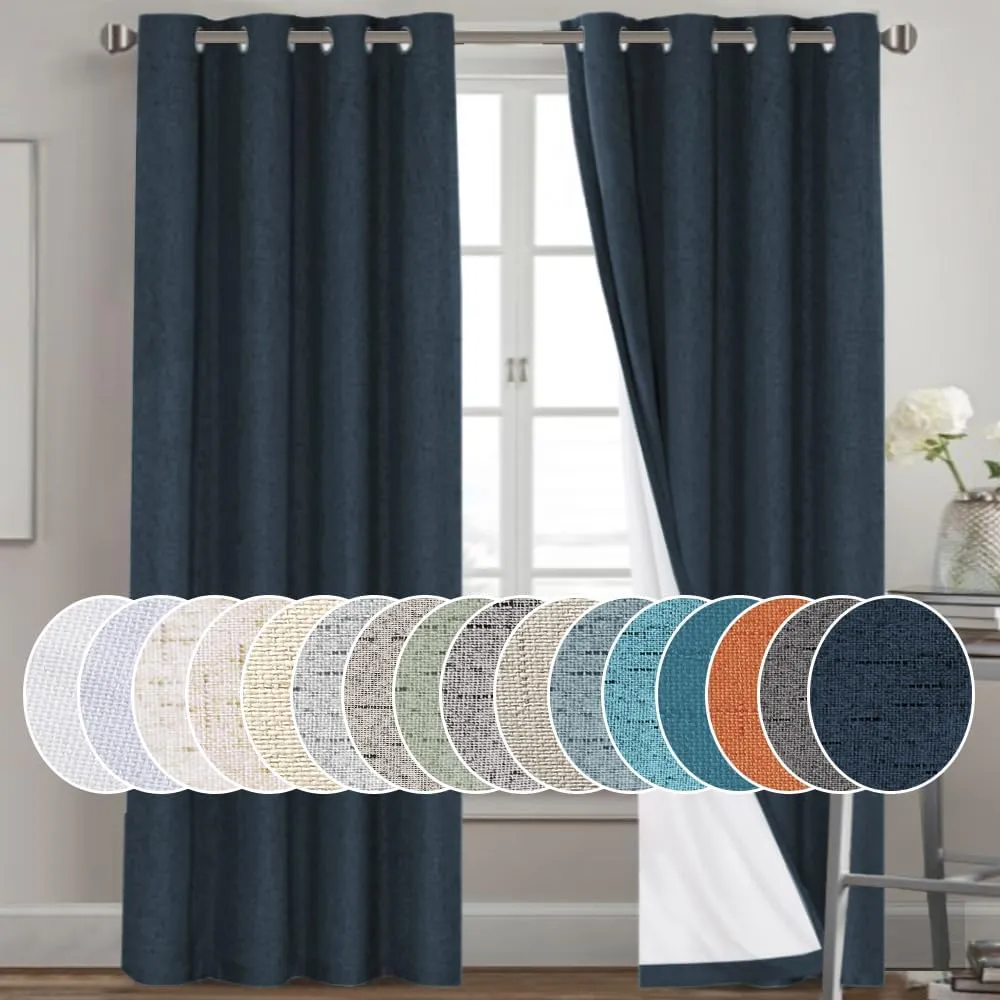 PrinceDeco Primitive Textured Linen 100% Blackout Curtains for Bedroom/Living Room Energy Saving Window Treatment Curtain Drapes, Burlap Fabric with White Thermal Insulated Liner (52 x 96 Inch, Navy)