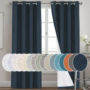 PrinceDeco Primitive Textured Linen 100% Blackout Curtains for Bedroom/Living Room Energy Saving Window Treatment Curtain Drapes, Burlap Fabric with White Thermal Insulated Liner (52 x 96 Inch, Navy)